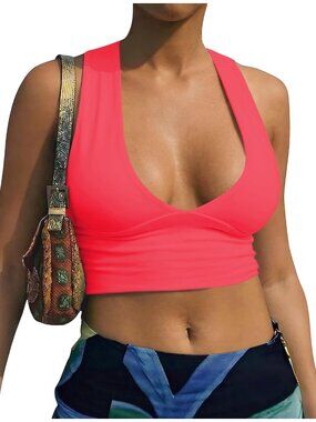 Women's Fluo Pink Back Plunge Racer Cutout V Neck  Pull On Sleeveless Crop Tops